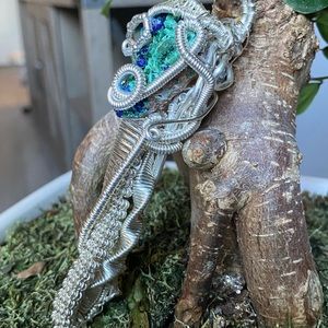 Hand wrapped silver pendant, Malachite and azurite crystal